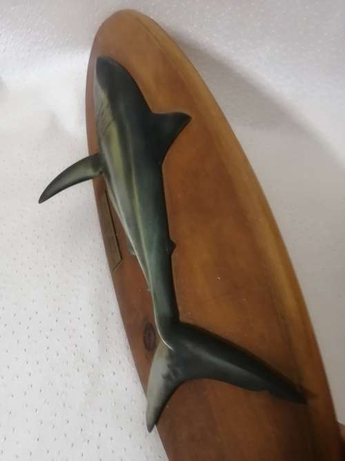 Great White Shark Sculpture Mounted on a Wooden Plaque