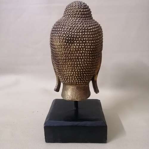Handcrafted Solid Wood Gold Color Serene Peaceful Meditate Buddha Head On Stand