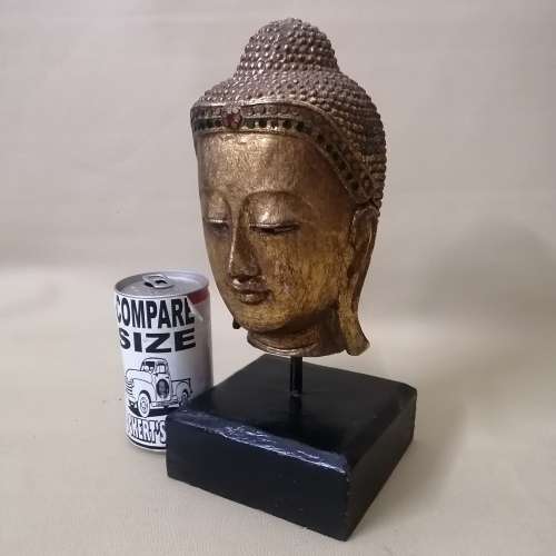 Handcrafted Solid Wood Gold Color Serene Peaceful Meditate Buddha Head On Stand