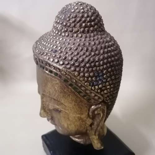 Handcrafted Solid Wood Gold Color Serene Peaceful Meditate Buddha Head On Stand