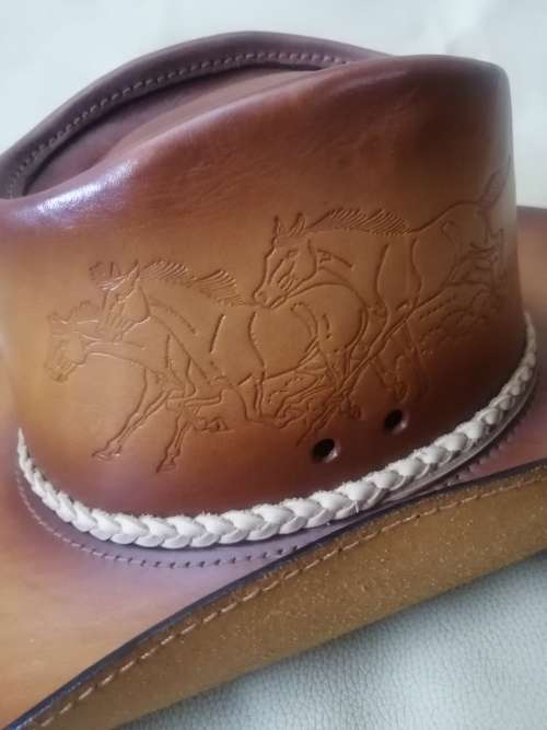Exquisite Hand Carved Genuine Leather Handgun Pouch and Cowboy Hat