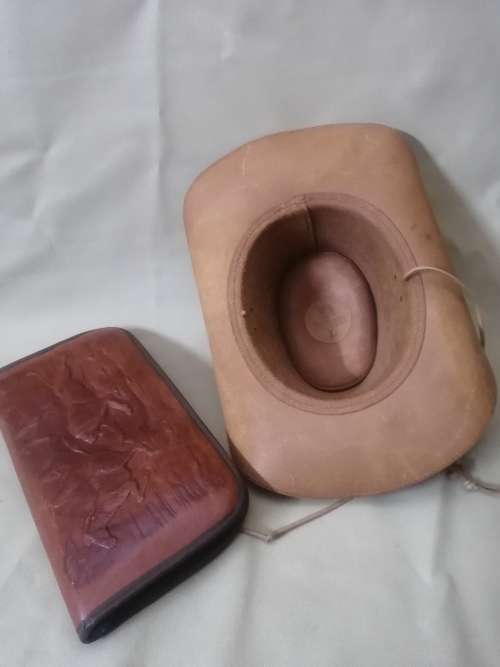 Exquisite Hand Carved Genuine Leather Handgun Pouch and Cowboy Hat