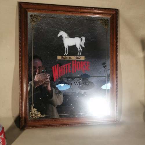 Vintage Very Large White Horse Whiskey Mirror Bar Display