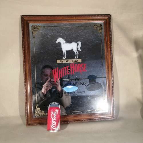 Vintage Very Large White Horse Whiskey Mirror Bar Display