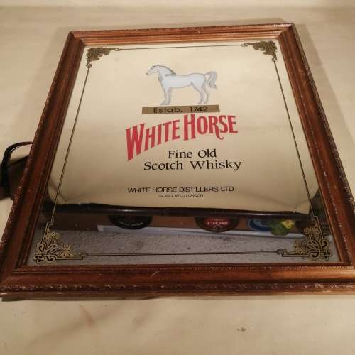 Vintage Very Large White Horse Whiskey Mirror Bar Display