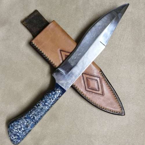 MAGNIFICENT HAND FORGED KNIFE WITH LEATHER SHEATH 320MM LONG