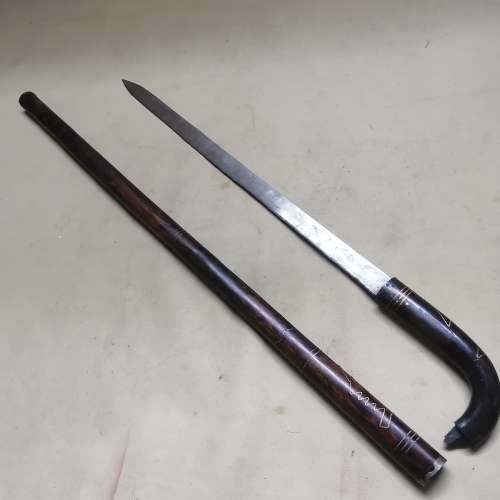 VINTAGE SWORD WALKING CANE WITH BRASS INLAYS