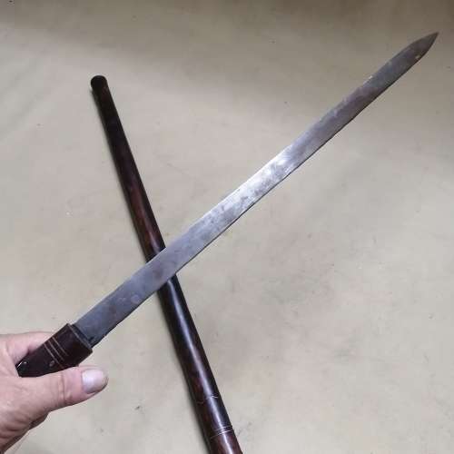VINTAGE SWORD WALKING CANE WITH BRASS INLAYS