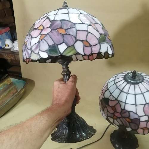 TWO MAGNIFICENT TIFFANY STYLE STAINED LEAD GLASS TABLE LAMPS