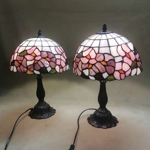 TWO MAGNIFICENT TIFFANY STYLE STAINED LEAD GLASS TABLE LAMPS