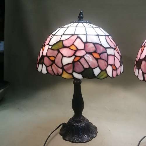 TWO MAGNIFICENT TIFFANY STYLE STAINED LEAD GLASS TABLE LAMPS