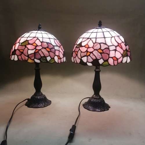 TWO MAGNIFICENT TIFFANY STYLE STAINED LEAD GLASS TABLE LAMPS