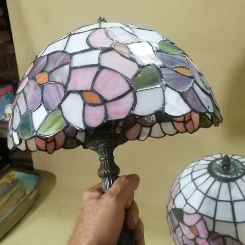 TWO MAGNIFICENT TIFFANY STYLE STAINED LEAD GLASS TABLE LAMPS