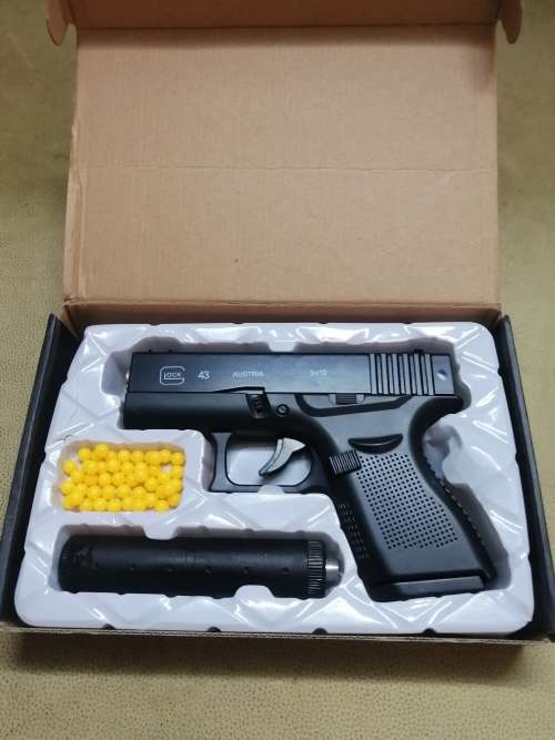 GLOCK 43 WITH SILENCER - ZINC ALLOY SHELL AIRSOFT GUN COMPLETE IN BOX