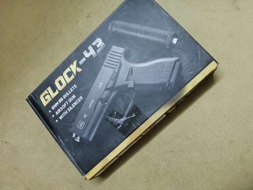 GLOCK 43 WITH SILENCER - ZINC ALLOY SHELL AIRSOFT GUN COMPLETE IN BOX