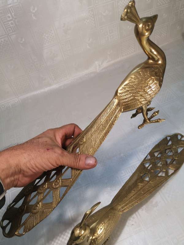 RARE PAIR OF VERY LARGE REGENCY BRASS PEACOCKS