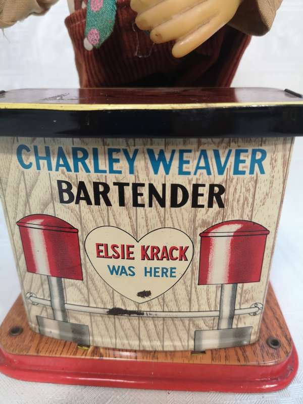 Vintage Battery D.K Trademark Litho Charley Weaver Bartender Tin Toy, Japan