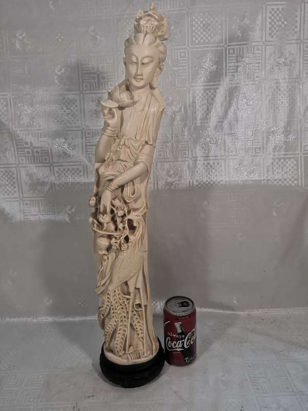 OLD VERY TALL ENGRAVED FAUX IVORY STATUE OF ULANARA THE STEP EMPRESS