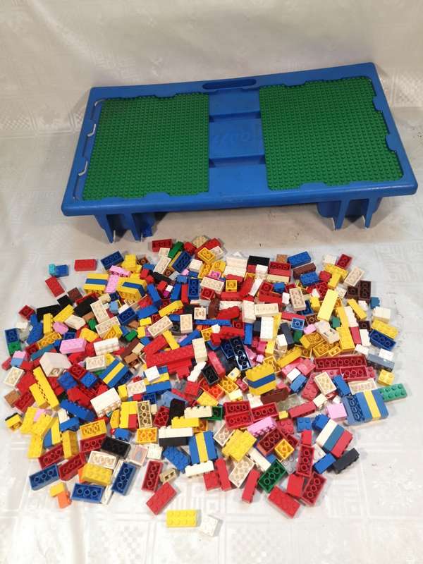 RARE Vintage 1990 s Blue Lego Lap Table Storage Tray Case With a Huge Bundle of Original Lego Blocks