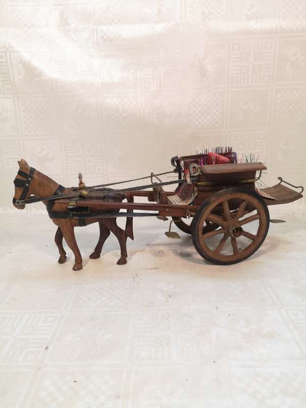 STUNNING VINTAGE HANDCRAFTED WOOD AND BRASS MULE AND CART