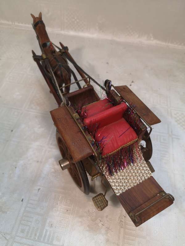 STUNNING VINTAGE HANDCRAFTED WOOD AND BRASS MULE AND CART