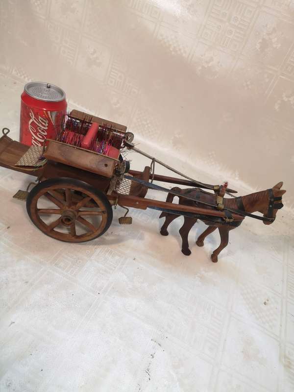 STUNNING VINTAGE HANDCRAFTED WOOD AND BRASS MULE AND CART