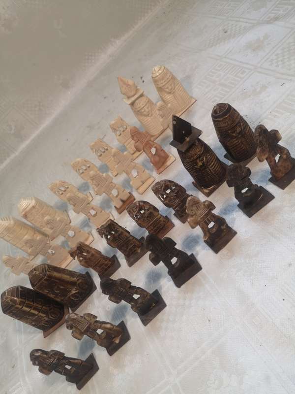 Vintage Carved Camel Bone Egyptian Chess Set
