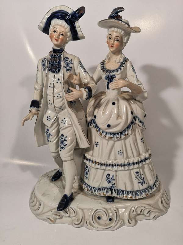 Dresden-like Courting Couple figurine  in period Victorian dress. Attributed Taiwan