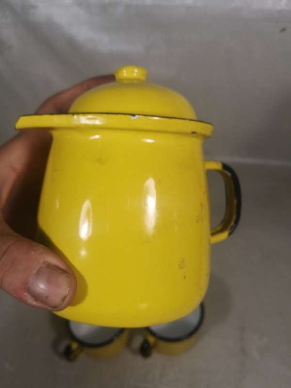 MAGNIFICENT 7PCE YELLOW ENAMEL POLAND TEA SET