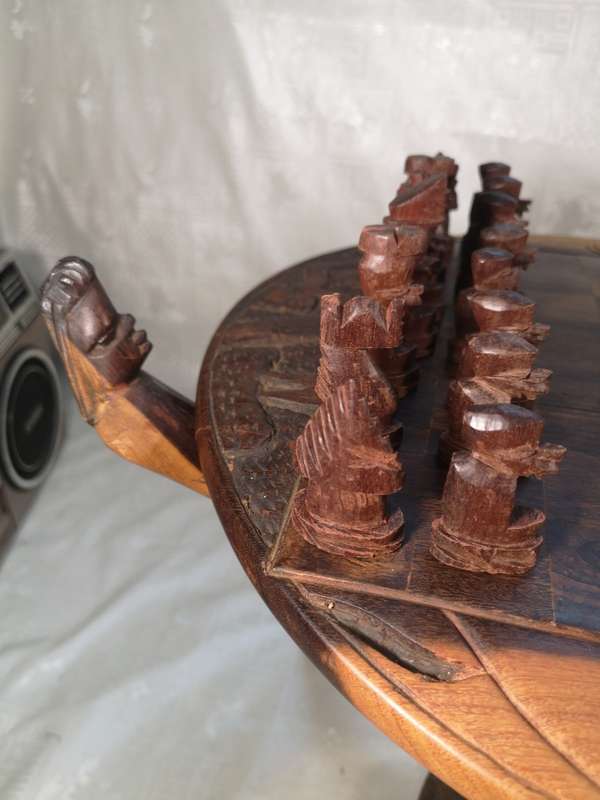 Hand Carved Tribal Chess Set on a Double sided Tri-Leg Coffee Table
