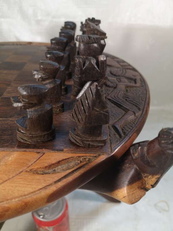 Hand Carved Tribal Chess Set on a Double sided Tri-Leg Coffee Table