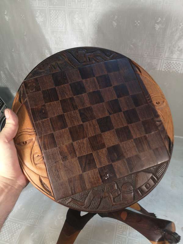 Hand Carved Tribal Chess Set on a Double sided Tri-Leg Coffee Table