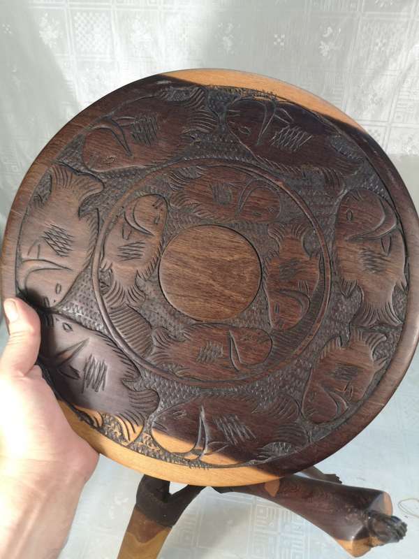 Hand Carved Tribal Chess Set on a Double sided Tri-Leg Coffee Table