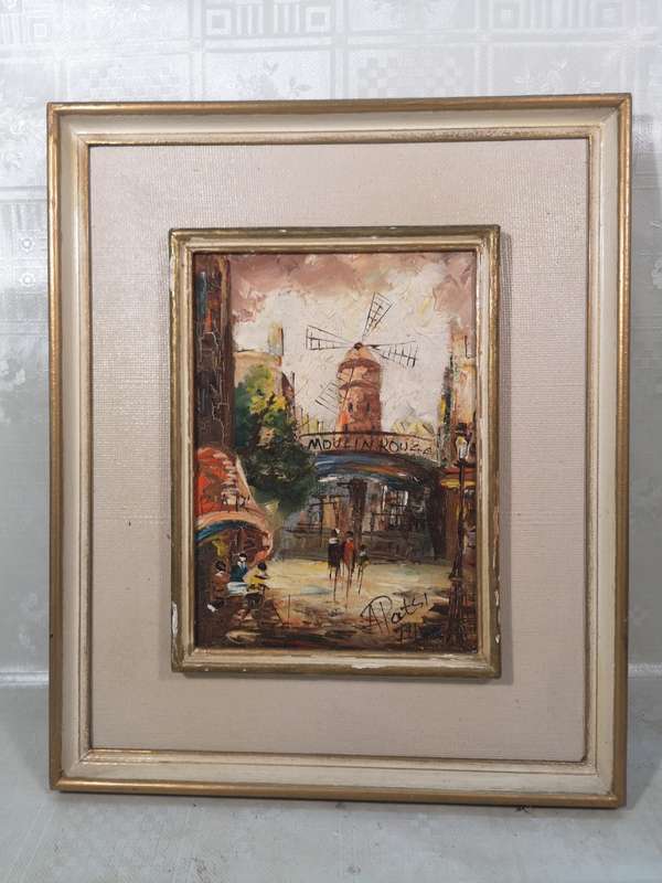 Original Vintage Oil Painting of Moulin Rouge - People in Street Scene - Signed