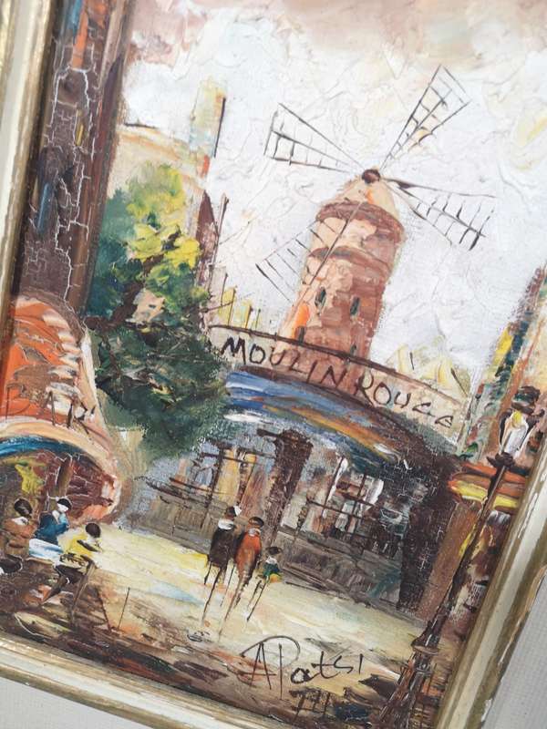 Original Vintage Oil Painting of Moulin Rouge - People in Street Scene - Signed