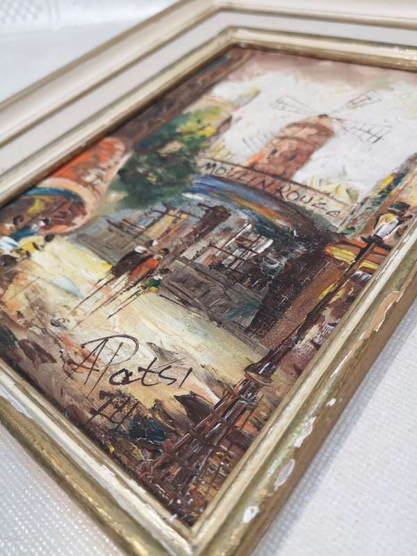 Original Vintage Oil Painting of Moulin Rouge - People in Street Scene - Signed