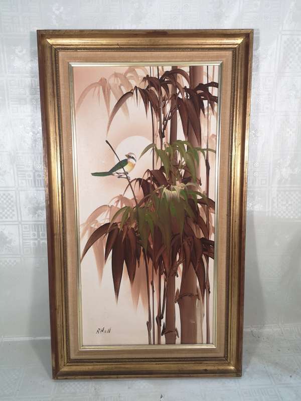 Magnificent Original Oil Painting on Board Birds in Bamboo by Robert Hall