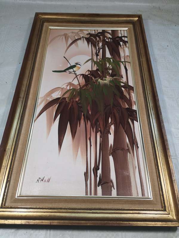 Magnificent Original Oil Painting on Board Birds in Bamboo by Robert Hall