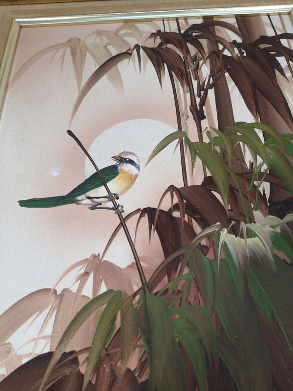 Magnificent Original Oil Painting on Board Birds in Bamboo by Robert Hall
