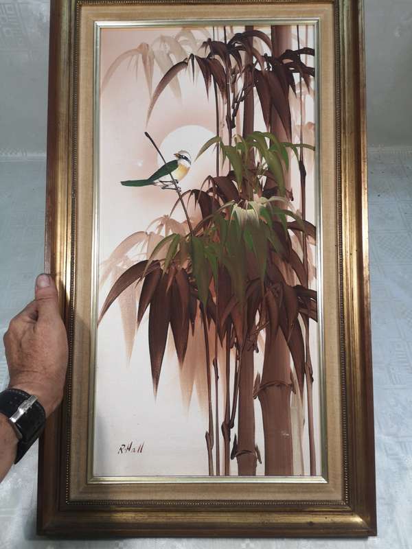 Magnificent Original Oil Painting on Board Birds in Bamboo by Robert Hall