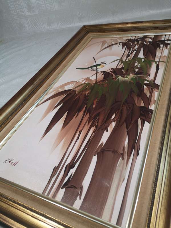 Magnificent Original Oil Painting on Board Birds in Bamboo by Robert Hall