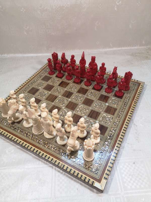 Magnificent Vintage Renaissance Chess Set On a Mother of Pearl Inlaid Chess Board