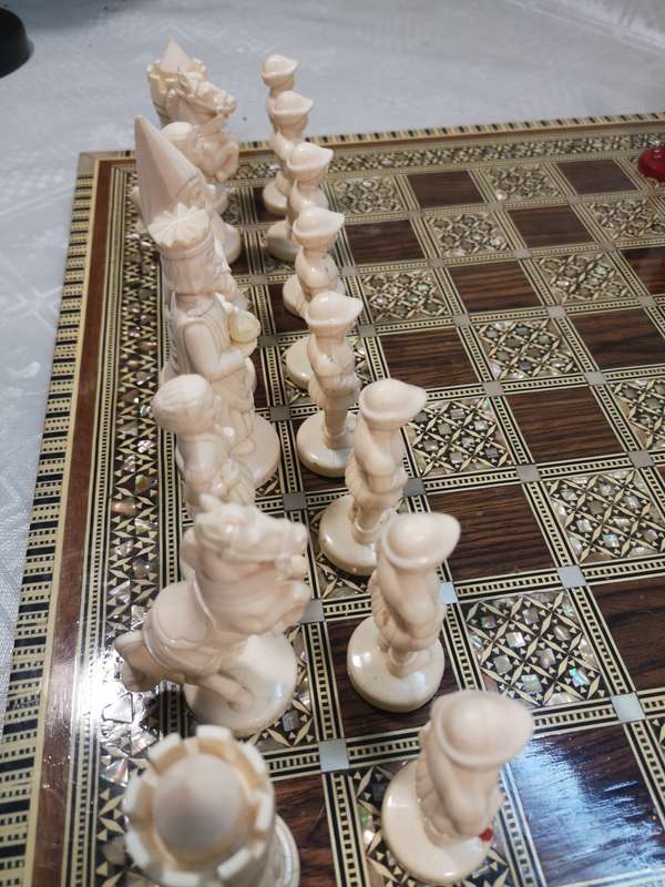 Magnificent Vintage Renaissance Chess Set On a Mother of Pearl Inlaid Chess Board
