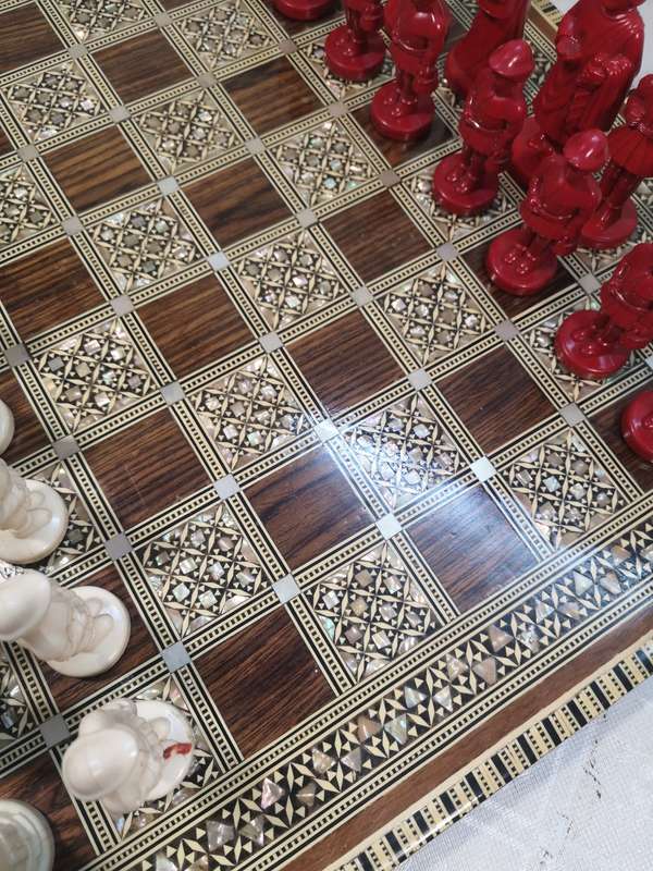 Magnificent Vintage Renaissance Chess Set On a Mother of Pearl Inlaid Chess Board