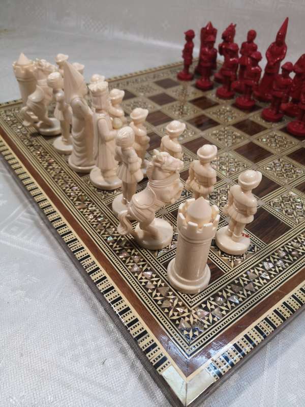 Magnificent Vintage Renaissance Chess Set On a Mother of Pearl Inlaid Chess Board