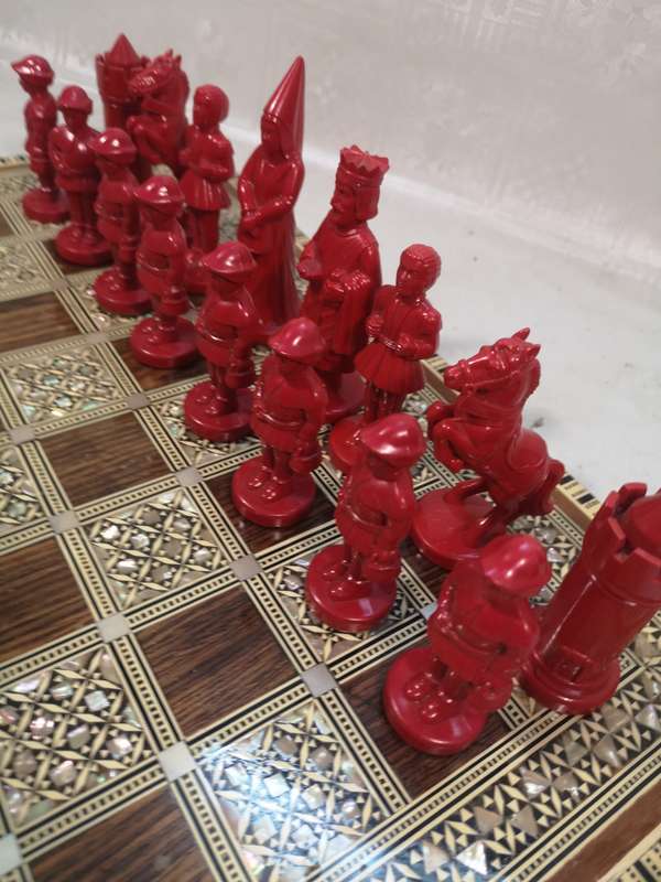 Magnificent Vintage Renaissance Chess Set On a Mother of Pearl Inlaid Chess Board