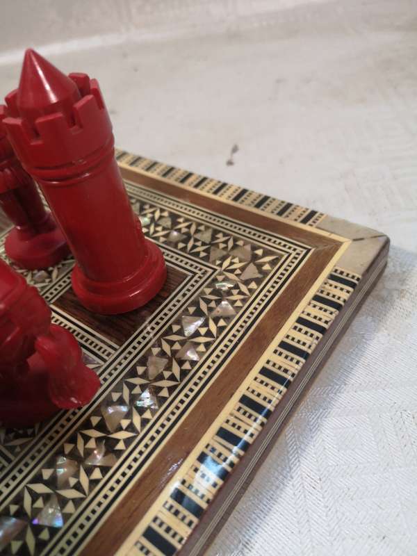Magnificent Vintage Renaissance Chess Set On a Mother of Pearl Inlaid Chess Board