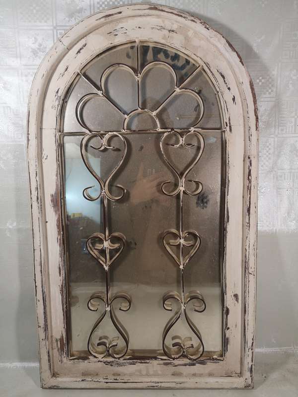 VERY LARGE STEEL AND SOLID WOOD CHURCH WINDOW MIRROR
