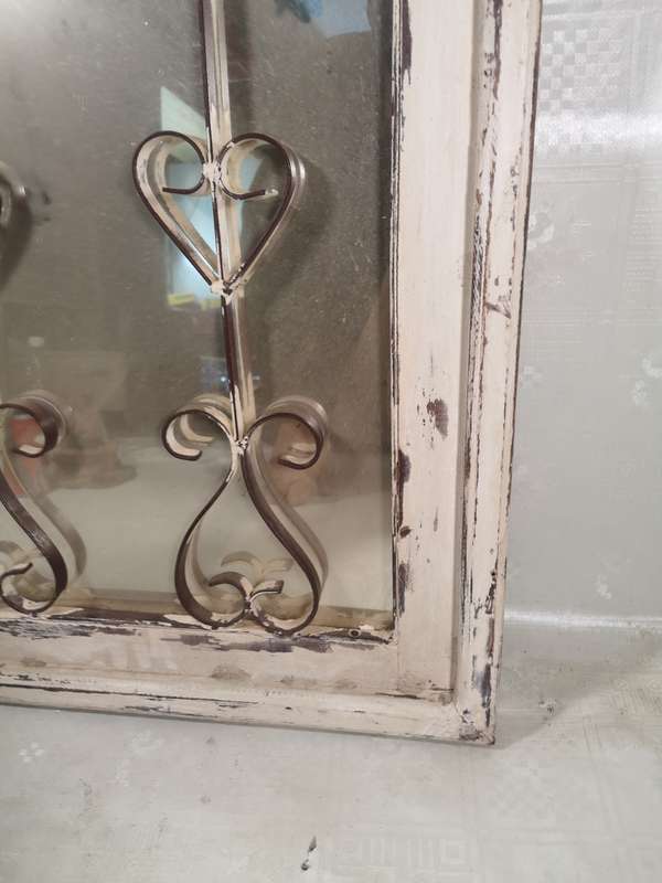 VERY LARGE STEEL AND SOLID WOOD CHURCH WINDOW MIRROR