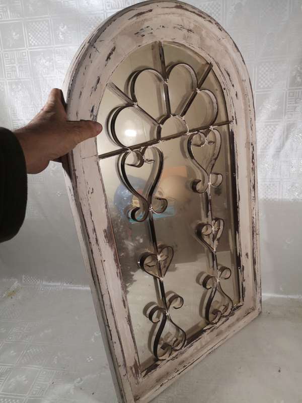 VERY LARGE STEEL AND SOLID WOOD CHURCH WINDOW MIRROR